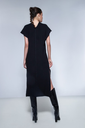 Women's black pique long dress with V & slits